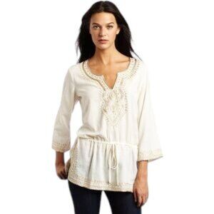 Lucky Brand Top Boho Cream Metallic Gold Embroidered Y2K Women's Extra Small
